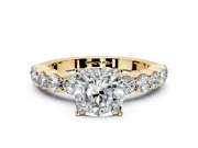 Shared-Prong Engagement Ring Setting for Cushion Cut Center with Graduated Accents and Prong Head in Yellow Gold