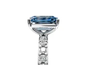 Solitaire Engagement Ring Setting for Fancy Blue Emerald Cut Center with Round Cut Pave Band and Prong Head in White Gold