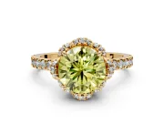 Halo Engagement Ring Setting for Fancy Yellow Round Cut Center with Openwork Halo, Pave Band and Prong Head in Yellow Gold