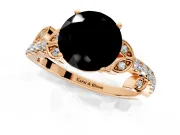 Leaf Motif Engagement Ring Setting for Fancy Black Round Cut Center with Pave Band and Prong Head in Rose Gold