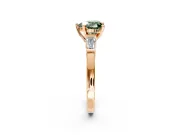 3 Stone Engagement Ring Setting for Fancy Green Heart-Shaped Center with Channel Baguette Accents and Prong Head in Rose Gold