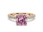 Solitaire Engagement Ring Setting for Fancy Pink Cushion Cut Center with Fine Pave Band and Prong Head in Rose Gold