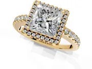 Accent Halo Engagement Ring Setting for Princess Cut Center with Full-Length Pave Band and Prong Head in Yellow Gold