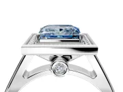 Halo Engagement Ring Setting for Fancy Blue Princess Cut Center with Outer Bezel Rim, Pave Band and Prong Head in Platinum