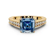 Solitaire Engagement Ring Setting for Fancy Blue Asscher Cut Center with Engraved Pave Band and Prong Head in Yellow Gold