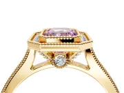 Halo Engagement Ring Setting for Fancy Pink Emerald Cut Center with Milgrain Pave Band and Bezel Head in Yellow Gold