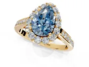 Floral Halo Engagement Ring Setting for Fancy Blue Pear-Shaped Center with Large Halo Accents and Prong Head in Yellow Gold