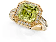 Halo Engagement Ring Setting for Fancy Yellow Asscher Cut Center with Framed Halo, Pave Band and Prong Head in Yellow Gold