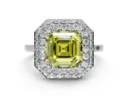 Halo Engagement Ring Setting for Fancy Yellow Asscher Cut Center with Plain Tapered Band and Prong Head in Platinum