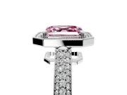 Milgrain Halo Engagement Ring Setting for Fancy Pink Asscher Cut Center with Three-Sided Pave Band and Prong Head in Sterling Silver