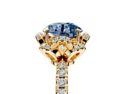 Halo Engagement Ring Setting for Fancy Blue Round Cut Center with Openwork Halo, Pave Band and Prong Head in Yellow Gold