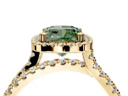 Halo Engagement Ring Setting for Fancy Green Cushion Cut Center with Double Pave Split Shank and Prong Head in Yellow Gold