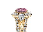 Halo Engagement Ring Setting for Fancy Pink Cushion Cut Center with Two-Strand Split Shank and Prong Head in Yellow Gold