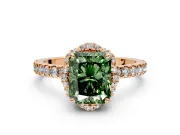 Halo Engagement Ring Setting for Fancy Green Radiant Cut Center with Openwork Halo, Pave Band and Prong Head in Rose Gold