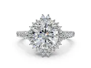 Sunburst Halo Engagement Ring Setting for Round Cut Center with Pave Band and Prong Head in Platinum