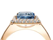Halo Engagement Ring Setting for Fancy Blue Princess Cut Center with Plain Tapered Band and Prong Head in Rose Gold