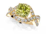 Halo Engagement Ring Setting for Fancy Yellow Cushion Cut Center with Pave Infinity Twist Band and Prong Head in Yellow Gold