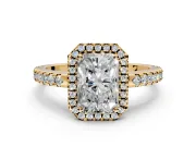 Accent Halo Engagement Ring Setting for Radiant Cut Center with Full-Length Pave Band and Prong Head in Yellow Gold