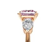 3 Stone Engagement Ring Setting for Fancy Pink Princess Cut Center with Large Pear-Shaped Accents and Prong Head in Rose Gold