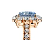 Halo Engagement Ring Setting for Fancy Blue Radiant Cut Center with Milgrain Channel Band and Prong Head in Rose Gold