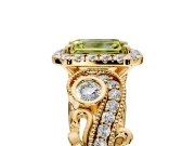Milgrain Halo Engagement Ring Setting for Fancy Yellow Emerald Cut Center with Shoulder Bezels and Prong Head in Yellow Gold