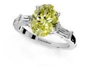 3 Stone Engagement Ring Setting for Fancy Yellow Oval Center with Channel Baguette Accents and Prong Head in White Gold