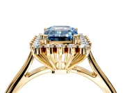 Starburst Halo Engagement Ring Setting for Fancy Blue Emerald Cut Center with Thin Round-Wire Band and Prong Head in Yellow Gold