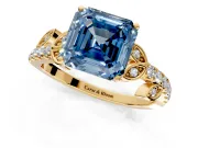Leaf Motif Engagement Ring Setting for Fancy Blue Asscher Cut Center with Pave Band and Prong Head in Yellow Gold