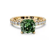 Solitaire Engagement Ring Setting for Fancy Green Cushion Cut Center with Shared-Prong Accents and Prong Head in Yellow Gold
