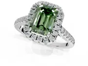 Halo Engagement Ring Setting for Fancy Green Emerald Cut Center with Narrowing Pave Band and Prong Head in Sterling Silver