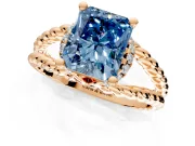 Halo Engagement Ring Setting for Fancy Blue Radiant Cut Center with Rope Twist Split Shank and Prong Head in Rose Gold