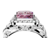 Halo Engagement Ring Setting for Fancy Pink Princess Cut Center with Open Scroll Shoulders and Prong Head in Platinum