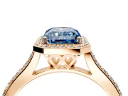 Halo Engagement Ring Setting for Fancy Blue Radiant Cut Center with Pave Accents, Heart Basket and Prong Head in Rose Gold