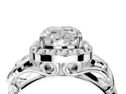 Halo Engagement Ring Setting for Cushion Cut Center with Open Scroll Shoulders and Prong Head in White Gold