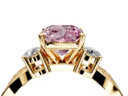 3 Stone Engagement Ring Setting for Fancy Pink Cushion Cut Center with Pave Twist Band and Prong Head in Yellow Gold
