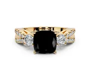 3 Stone Engagement Ring Setting for Fancy Black Cushion Cut Center with Pave Split Shank and Prong Head in Yellow Gold