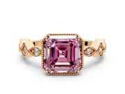 Milgrain Bezel Engagement Ring Setting for Fancy Pink Asscher Cut Center with Marquise Stations and Bezel Head in Rose Gold