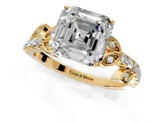 Leaf Motif Engagement Ring Setting for Asscher Cut Center with Pave Band and Prong Head in Yellow Gold