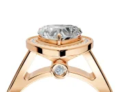 Halo Engagement Ring Setting for Heart-Shaped Center with Outer Bezel Rim, Pave Band and Prong Head in Rose Gold