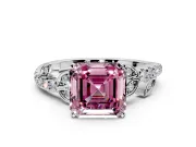 Leaf Motif Engagement Ring Setting for Fancy Pink Asscher Cut Center with Pave Band and Prong Head in White Gold