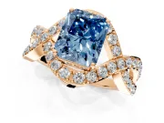 Halo Engagement Ring Setting for Fancy Blue Radiant Cut Center with Pave Infinity Twist Band and Prong Head in Rose Gold