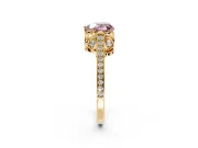 Cathedral Engagement Ring Setting for Fancy Pink Heart-Shaped Center with Antique-Style Pave Band and Prong Head in Yellow Gold