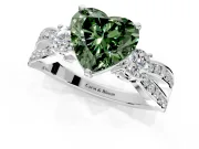 3 Stone Engagement Ring Setting for Fancy Green Heart-Shaped Center with Pave Twist Band and Prong Head in White Gold