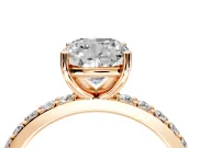 Solitaire Engagement Ring Setting for Cushion Cut Center with Round Cut Pave Band and Prong Head in Rose Gold