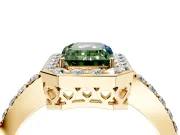 Halo Engagement Ring Setting for Fancy Green Emerald Cut Center with Heart-Shaped Openwork, Pave Band and Prong Head in Yellow Gold