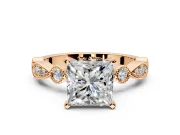 Solitaire Engagement Ring Setting for Princess Cut Center with Milgrain Bezel Accents and Prong Head in Rose Gold