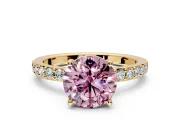 Solitaire Engagement Ring Setting for Fancy Pink Round Cut Center with Round Cut Pave Band and Prong Head in Yellow Gold