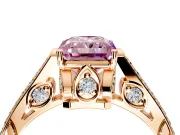 Cathedral Engagement Ring Setting for Fancy Pink Radiant Cut Center with Antique-Style Pave Band and Prong Head in Rose Gold