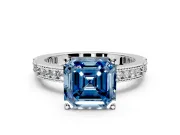 Solitaire Engagement Ring Setting for Fancy Blue Asscher Cut Center with Milgrain-Edged Pave Band and Prong Head in Sterling Silver