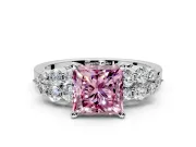 Cluster Engagement Ring Setting for Fancy Pink Princess Cut Center with 2-Row Shoulder Clusters and Prong Head in White Gold